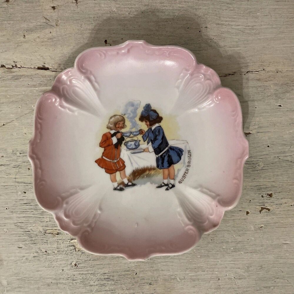 Antique Buster Brown Plate Child's Shoes Advertisement Porcelain Pink Display